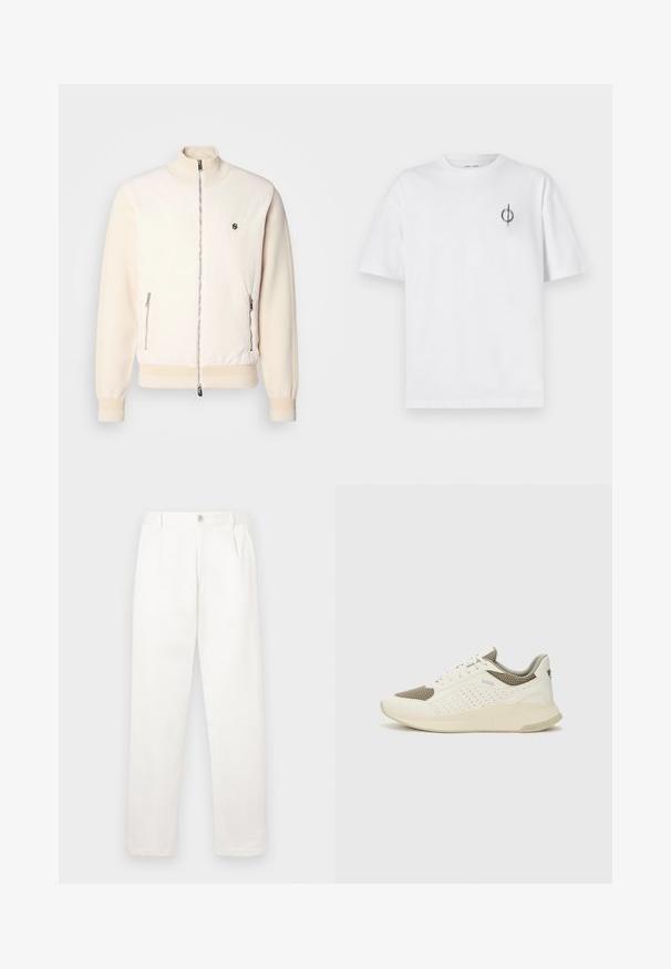 Light beige bomber jacket made from smooth and textured materials, featuring a zip closure, side pockets, and ribbed cuffs and hem.; White cotton t-shirt with a relaxed fit, featuring a small black graphic logo on the left chest area. Short sleeves, crew neck style.; White trousers made from smooth fabric, featuring a straight leg design, front pleats, and a single button closure at the waist.; White and light beige athletic sneaker, featuring a mesh upper, perforated detailing, and a textured midsole with branding on the heel.