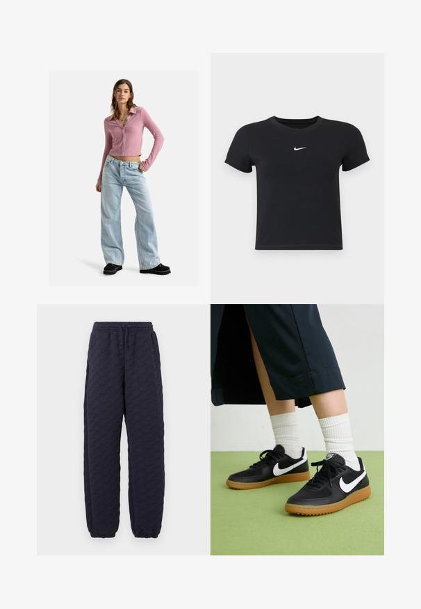 Roxy PETAL BLIZZARD - Strickjacke - mauve orchid; Schwarzes T-Shirt mit kurzen Ärmeln aus Baumwolle und rundem Ausschnitt. Es hat ein weißes Nike-Logo auf der Brust, ein minimalistisches Design und eine taillierte Form.; Dunkelblau gepolsterte Hose mit elastischem Bund und Bündchen, die ein strukturiertes Muster aus abstrakten Formen auf dem gesamten Stoff aufweist.; Schwarze Leder- und synthetische Sneakers mit weißem Nike-Swoosh, Gummisohle, runder Spitze und schwarzen Schnürsenkeln. Gestreifte weiße Socken sind sichtbar.