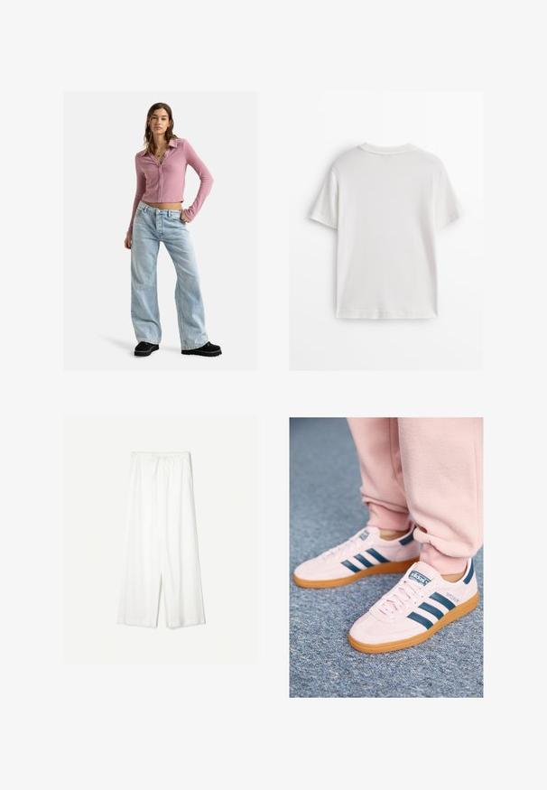 Roxy PETAL BLIZZARD - Cardigan - mauve orchid; Hvid bomuld t-shirt med korte ærmer, rund hals og en glat tekstur. Bagsiden er ensfarvet uden ekstra mønstre eller designs.; Hvide bukser med brede ben og snøre i taljen, vist imod en ensfarvet baggrund, som fremhæver deres afslappede stil og stoftekstur.; Lyserøde ruskindsneakers med mørkeblå læderstriber og gummisål. Funktioner inkluderer flade snørebånd og branding på siden og tungen.