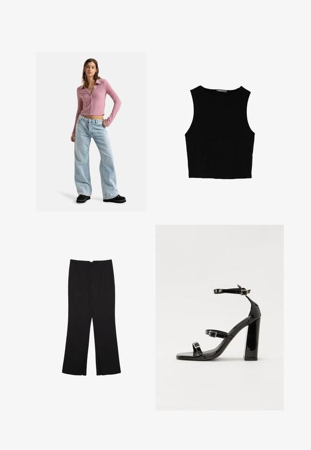 Roxy PETAL BLIZZARD - Kofta - mauve orchid; Svart ärmlös crop top i mjukt tyg, med rund hals och en ren, enkel design utan mönster eller detaljer.; Svarta byxor med rak passform, utrustade med framfickor och sidoklyvningar vid fållen. Tillverkade av mjukt, slätt tyg. Lämpliga för olika tillfällen.; Svarta lackerade klacksandaler med fyrkantig tå, ankelremmar och silverfärgade spännen. Har en kraftig blockklack för stabilitet.