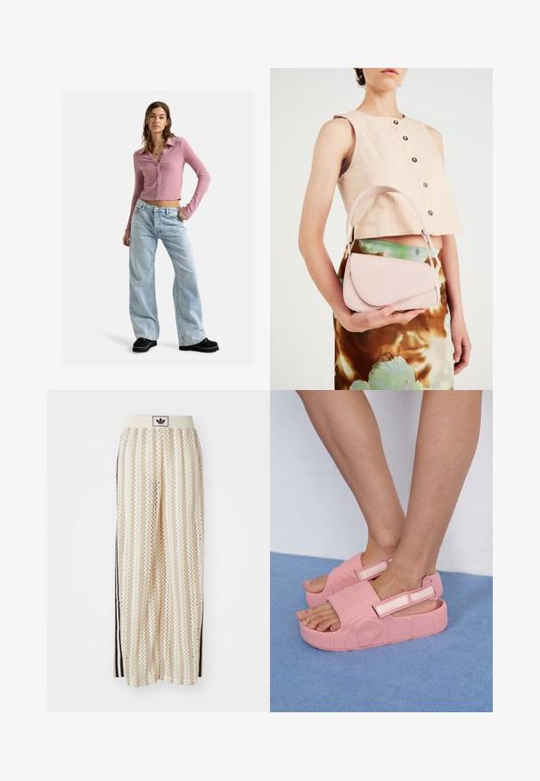 Roxy PETAL BLIZZARD - Cardigan - mauve orchid; T-shirt bianca in cotone con maniche corte e scollatura rotonda. Presenta un logo Adidas nero sul petto e un colletto interno a contrasto nero.; Pantaloni a gamba larga color crema con un motivo a zigzag, dotati di una fascia in vita nera con logo e strisce nere laterali. Tessuto leggero e testurizzato.; Sandali infradito in gomma rosa con superficie testurizzata, cinturino regolabile e suola spessa, che presenta motivi a onda e un logo del marchio sul lato.; Borsa in pelle rosa con pattina curva, tracolla singola e linee pulite. La borsa presenta una texture liscia e un design minimalista.