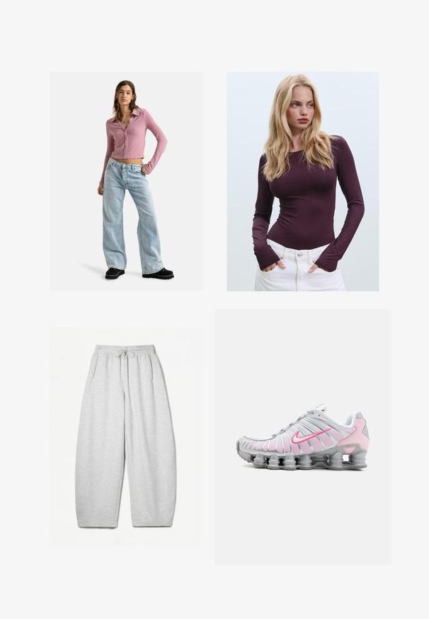 Roxy PETAL BLIZZARD - Strickjacke - mauve orchid; Burgunderfarbenes, langärmeliges, tailliertes Oberteil mit Rundhalsausschnitt und Daumenschlitzen, kombiniert mit weißen hochtaillierten Hosen. Glatter Stoff und elastische Textur.; Hellgraue Sweatpants mit entspannter Passform, elastischem Bund, Kordelzug und seitlichen Taschen; aus weichem, strukturiertem Stoff gefertigt.; Nike Sportschuh in Weiß und Hellrosa. Mit einem Obermaterial aus Mesh und einer markanten, gewölbten Sohle mit sichtbarer Luftpolsterung.
