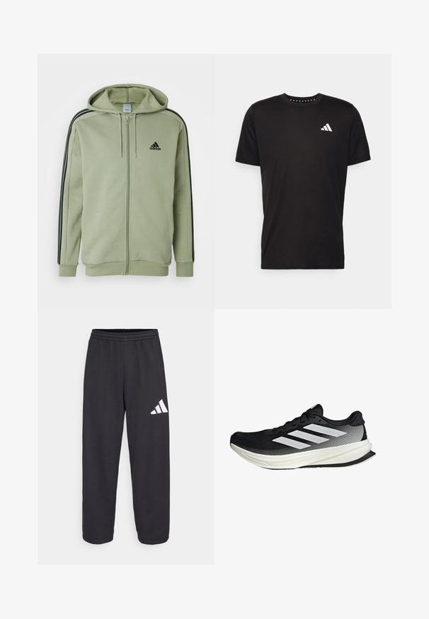 adidas Sportswear ESSENTIALS 3 STRIPES FULL ZIP - Majica s kapuljačom i patentnim zatvaračem - tent green/black; Crna pamučna majica s kratkim rukavima, okruglim izrezom i bijelim logotipom na lijevoj strani prsnog koša. Glatka tekstura i jednostavan dizajn.; Crne trenirke s opuštenim krojem, s elastičnim pojasom i bijelim geometrijskim logotipom na lijevoj nozi. Glatka tekstura tkanine.; Crna atletska cipela s mrežastim dizajnom, koja ima bijele pruge, zaobljeni vrh i teksturiranu potplate za prianjanje i potporu.