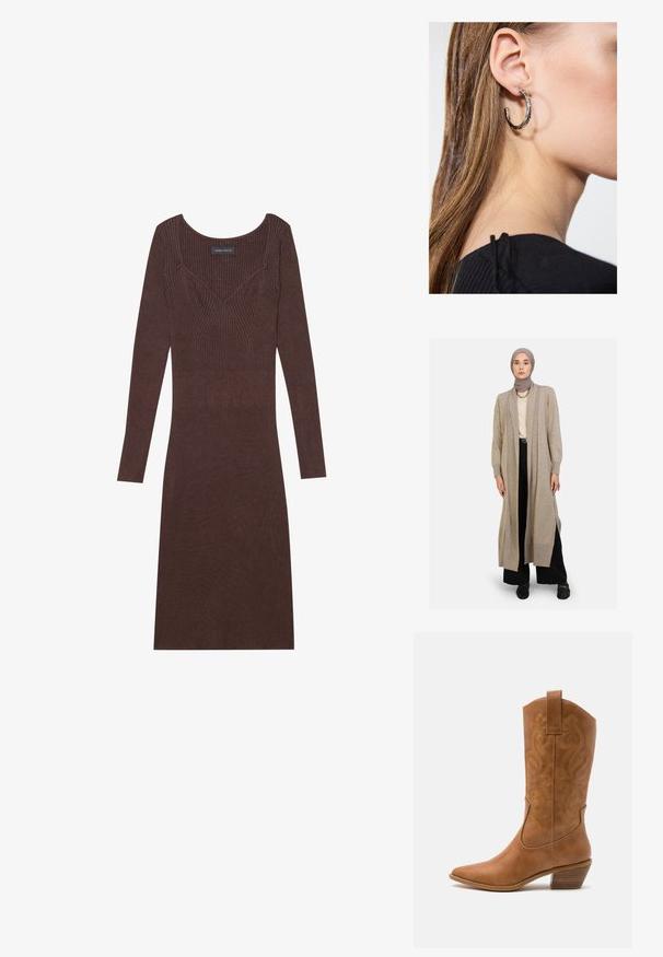 Cardigan lungo beige realizzato in morbido tessuto a maglia, con una vestibilità rilassata, frontale aperto, fessure laterali e polsini a costine, indossato sopra una maglietta crema e pantaloni neri.; Abito marrone a maniche lunghe con scollatura a barchetta e silhouette aderente. Presenta un dettaglio di cucitura a forma di V sul corpino.; Stivale cowboy in pelle marrone chiaro con punta affusolata, modelli ricamati a spirale sull'asta e tacco a blocco impilato. Presenta una linguetta per una facile calzata.; Orecchino a cerchio in argento con finitura lucida, caratterizzato da piccoli dettagli in oro e una forma tondeggiante, indossato sul lobo.