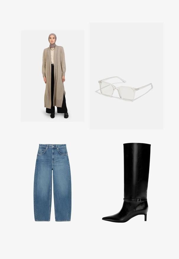 Beige langer Cardigan aus weichem Strickmaterial, mit lockerer Passform, offenem Frontverschluss, seitlichen Schlitzen und gerippten Bündchen, über einem cremefarbenen Oberteil und schwarzen Hosen getragen.; Hellblaues Hemd mit weißen Streifen, ausgestattet mit einer passenden Krawatte. Lange Ärmel, traditioneller Kragen und Design mit abgerundetem Saum.; Blaue hochtaillierte weit geschnittene Jeans mit Fronttaschen und Knopfverschluss, flach auf einem weißen Hintergrund präsentiert.; Schwarze Lederstiefel bis zum Knie mit spitzer Zehe und kleinem Absatz. Verfügt über einen schmalen Riemen mit einer metallischen Schnalle am Knöchel. Glatte Textur.; Klare, quadratische Kunststoffbrillen mit durchsichtigen Gläsern, die goldene Akzente an den Bügeln für zusätzliche Details aufweisen.; Braune Leder-Handtasche mit weicher Textur, geräumigem Design und einem einzigen Tragegurt. Kombiniert mit einer blauen Jeansjacke.