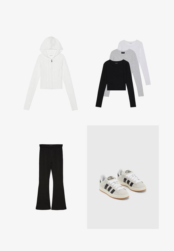 Hanorac alb cu fermoar, cu glugă, mâneci lungi, tiv cu muchie elastică și șnur. Textură netedă și design ajustat.; Trei bluze cu mânecă lungă așezate: neagră, gri și albă. Fiecare are un guler rotund și un design scurt, realizat dintr-un material fin și ușor.; Leggings negre cu tiv evazat, realizate dintr-un material elastic. Au o talie largă și o textură fină, cu o siluetă ajustată care se lărgește la tiv.; Adidași din suede gri cu șireți albi, dungi negre și talpă din cauciuc alb. Prezintă un logo circular pe limbă și o talpă din cauciuc.