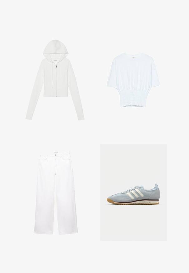 Weißer Reißverschluss-Hoodie mit Kapuze, langen Ärmeln, geripptem Saum und Kordelzug. Glatte Textur und taillierte Passform.; Weißes T-Shirt mit kurzen Ärmeln, lockerer Passform und gerafftem Stoff an der Taille. Aus weichem, leichtem Material gefertigt.; Weiße weit geschnittene Jeans aus Denim mit glatter Textur. Verfügt über einen Knopf- und Reißverschluss sowie zwei vordere und zwei hintere Taschen.; Hellblaue Wildledersneaker mit weißen drei Streifen, Gummisohle und strukturiertem Mesh. Verfügt über eine glatte Zehenkappe und Branding an der Ferse.