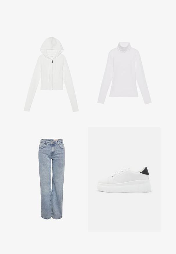 Bijela dukserica s patentnim zatvaračem, kapuljačom, dugim rukavima, rebrastim rubom i vezicom. Glatka tekstura i prilagođen dizajn.; Bijela majica dugih rukava s rolificom izrađena od glatkog, rastezljivog materijala. Ima visoki ovratnik i uski kroj, bez vidljivih uzoraka ili ukrasa.; Svijetloplave široke traperice napravljene od denima, s visokim strukom, dizajnom od pet džepova i suptilnim izbljeđivanjem za izgled nošenih traperica.; Bijele platforme tenisice napravljene od glatkog sintetičkog materijala, s okruglim vrhom, dizajnom s vezanjem i teksturiranom gumenom potplatom. Crni detalj na peti.