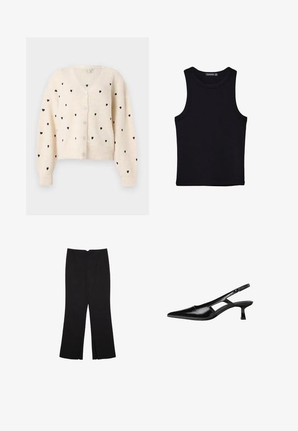 V-kaula kardigan vaaleankreemistä väriä, jossa on ribbikuvio ja mustat sydänkuviot, sekä kolme nappia edessä. Pitkät, hieman puffatut hihat.; Musta hihaton paita, joka on valmistettu puuvillasta, ja jossa on pyöreä kaula-aukko sekä leveät kainaloaukot. Silkkinen pinta ja ommellut reunat. Klassinen, minimalistinen muotoilu.; Mustat housut suoralinjaisella leikkauksella, joissa on etutaskut ja sivurei'ät helman alla. Valmistettu pehmeästä ja sileästä kankaasta. Sopii eri tilaisuuksiin.; Mustat lakatut nahkakengät, joissa on viistopää, leikattu sivusuunnassa ja pieni neliökoroke. Sujuva pinta, jossa on minimaalinen koristelu.