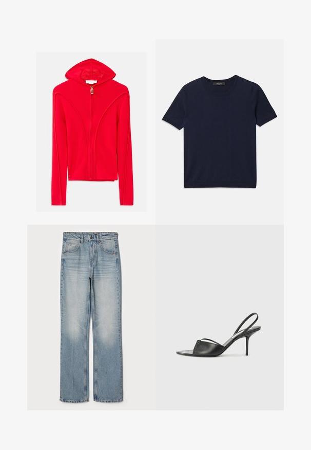 Crvena jakna s kapuljačom na patentni zatvarač od glatkog materijala, s ravnim šavovima, dugim rukavima i malim zlatnim detaljem na patentnom zatvaraču.; Tamnoplava majica kratkih rukava od mekog materijala, s okruglim izrezom i rebrastim rubovima, glatke teksture i bez vidljivih uzoraka.; Svijetloplave traperice ravnog kroja s visokim strukom, pet džepova i suptilnim istrošenjem na bedrima i koljenima.; Crne kožne sandale sa otvorenom petom, s izduženim nosom, tankim remenom oko gležnja i stiletto potpeticom. Imaju čvorasti detalj na prednjem delu.