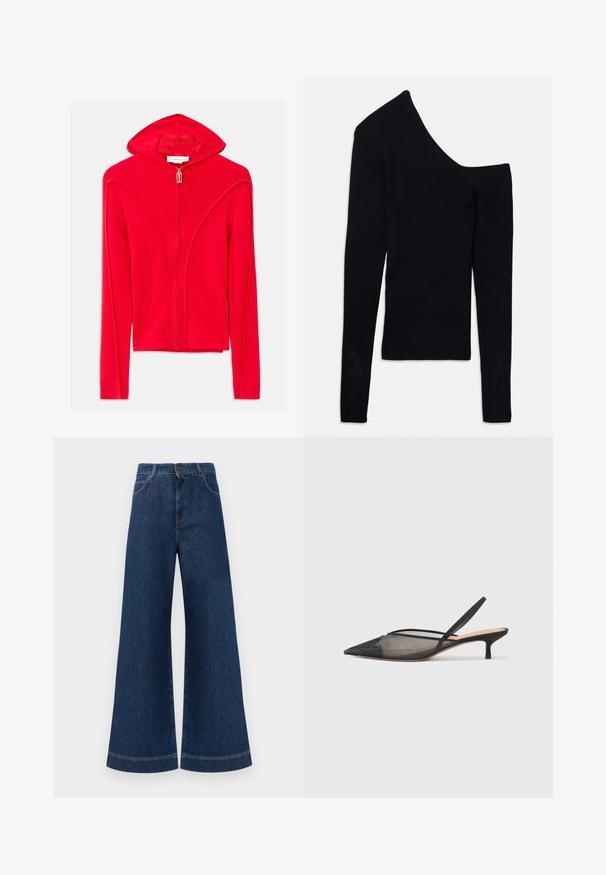 Piros kapucnis, cipzáras dzseki sima anyagból, letisztult varrásokkal, hosszú ujjakkal és egy apró arany cipzár részlettel.; Fekete bordázott, hosszú ujjú felső, aszimmetrikus dekoltázzsal, az egyik váll ki van fedve, míg a másik teljes ujjú.; Magas derekú, széles lábú kék farmernadrág, gombos záródással, övhurkokkal és diszkrét varrási részletekkel a zsebeknél és a szegélyeknél.; NEOUS IRENA - Klasszikus sarkú cipők - black