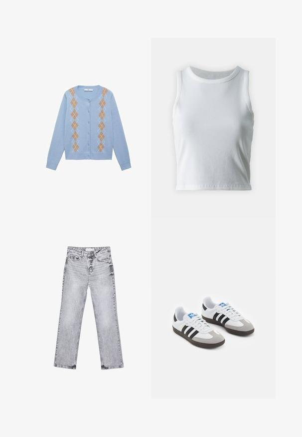 Svetlo modrý kardigán s okrúhlym výstrihom, ktorý má na prednej strane diamantový vzor v hnedej a bielej farbe. Päť gombíkov, dlhé rukávy.; Biely rebrovaný top bez rukávov s okrúhlym výstrihom, so strapatým lemom a hladkou, elastickou textúrou.; Šedé džínsy s rovnými nohavicami, s opotrebovaním, piatimi vreckami a meďou pokovovanými nitmi. Pás má štítok s logom.; Športové topánky s bielym koženým zvrškom, šedou semišovou špičkou a tromi čiernymi pruhmi. Obsahujú modré logo na jazyku a štruktúrovanú gumovú podrážku.