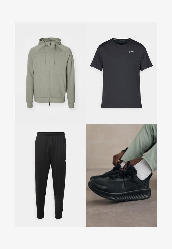 Felpa grigia chiara con zip e cappuccio regolabile, polsini a costine e un piccolo logo sul petto. Realizzata in un morbido tessuto texturizzato.; Maglietta da corsa Nike nera realizzata in materiale leggero e traspirante, con maniche corte e un piccolo logo bianco sul petto.; Pantaloni sportivi neri realizzati in tessuto liscio, con una vita elastica, gambe affusolate e un piccolo logo bianco sul lato sinistro.; Le scarpe da corsa nere Nike presentano una parte superiore in rete, una suola testurizzata e una brandizzazione minima. Il design è slanciato e ha un aspetto atletico.