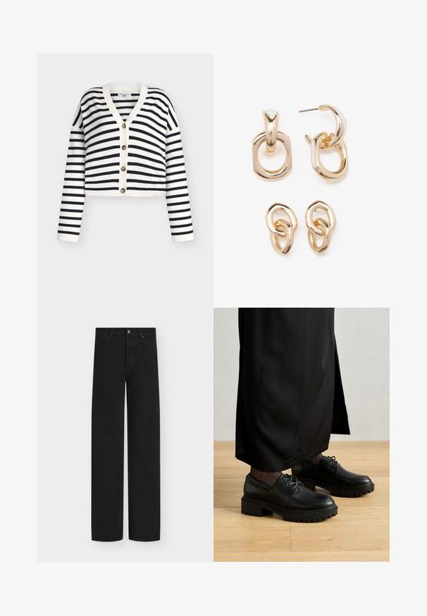 Striped cardigan in white and navy, cropped design, V-neck, long sleeves, five-button front closure with round, tan buttons. Soft texture.; White short-sleeve t-shirt with a round neck, relaxed fit, made of soft cotton fabric. Smooth texture, no patterns or logos.; Black wide-leg jeans made of denim, featuring a button closure and five pockets. Smooth texture with a clean, minimalist design.; Black leather shoes with a rounded toe, thick rubber outsole, and laces. The design features decorative stitching along the upper.; Gold-toned earrings featuring a mix of geometric shapes: a square, circle, and linked oval designs with a polished finish.