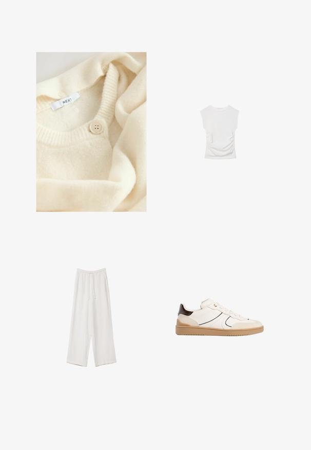 Kremasti pleteni pulover s okruglim izrezom, s rebrastim detaljima i zatvaranjem na gumbe. Oznaka nosi naziv "NEXT." Mekana, teksturirana tkanina.; Bijela majica s kratkim rukavima i okruglim izrezom. Ima naboranu teksturu sa strane i uski kroj, izrađena od mekane, rastezljive tkanine.; Bijele hlače širokih nogavica napravljene od lagane tkanine. Imaju elastičan pojas s ušicom i bočne džepove. Glatka tekstura.; Stradivarius Tenisice - white
