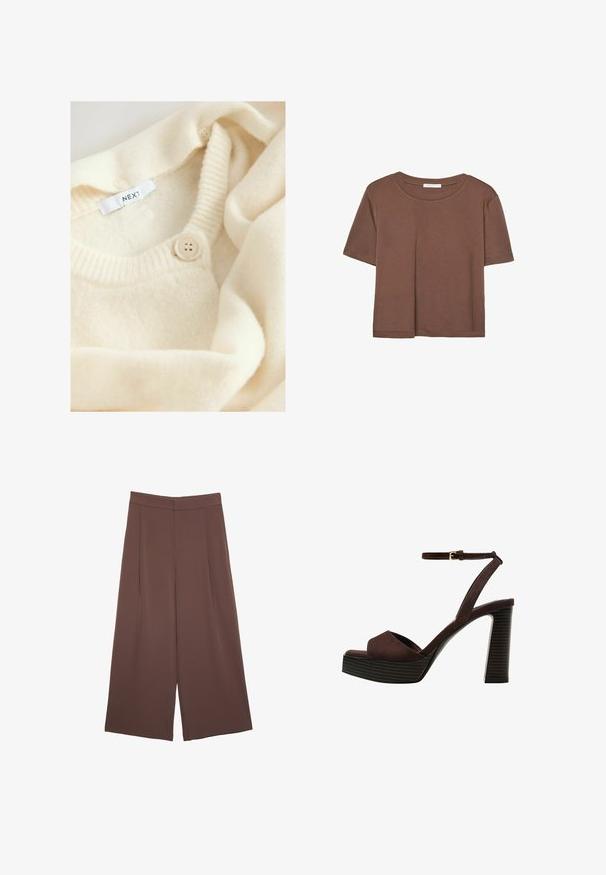 Krémový pletený sveter s okrúhlym výstrihom, s rebrovanými detailmi a zapínaním na gombík. Na štítku je nápis "NEXT." Mäkká, textúrovaná tkanina.; Hnedé tričko s krátkym rukávom vyrobené z jemného materiálu, s okrúhlym výstrihom a voľným strihom. Žiadne viditeľné vzory ani akcenty.; Hnedé nohavice so širokými nohavicami a hladkou textúrou, s vysokým pásom a prednými skladmi. Tkanina je ľahká a voľne sa pohybuje.; Hnedé semišové sandále na vysokom podpätku s otvorenou špičkou, nastaviteľným členkovým remienkom a pruhovanou platformovou podrážkou.