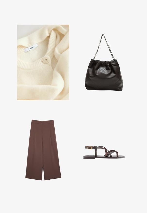 Cremfarbener gestrickter Pullover mit rundem Ausschnitt, der gerippte Akzente und einen Knopfverschluss aufweist. Das Etikett trägt die Aufschrift "NEXT". Weicher, strukturierter Stoff.; Braunes, kurzärmliges T-Shirt aus weichem Material mit rundem Halsausschnitt und lockerer Passform. Keine sichtbaren Muster oder Akzente.; Braune Weite-Leg-Hosen mit einer glatten Textur, hoher Taille und Vorderfalten. Der Stoff ist leicht und fällt locker.; Braune Leder-Sandale mit überkreuzten Riemen, einem Knöchelriemen mit Schnalle und einer flachen Sohle mit minimalen Nähdetails.; Braune Lederhandtasche mit gerafftem Oberteil und Kettenriemen. Glatte Textur mit glänzendem Finish und subtilen Nahtdetails an den Seiten.