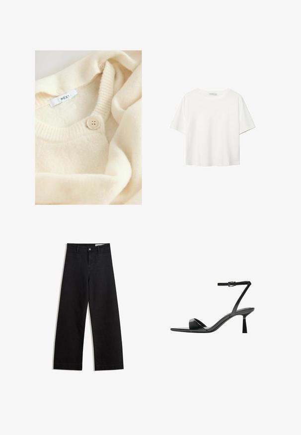 Crème kleurige gebreide trui met een ronde halslijn, voorzien van ribbelaccenten en een knoopsluiting. Etiket leest "NEXT." Zachte, gestructureerde stof.; Witte korte mouwen t-shirt van katoen. Heeft een ronde halslijn en een ontspannen pasvorm. Glad textuur zonder zichtbare patronen of accenten.; Zwarte denim broek met wijde pijpen en een hoge taille, voorzien van voor- en achterzakken, gestikte naden en een knoopsluiting. Gladde textuur.; Bershka Sandalen met hoge hak - black