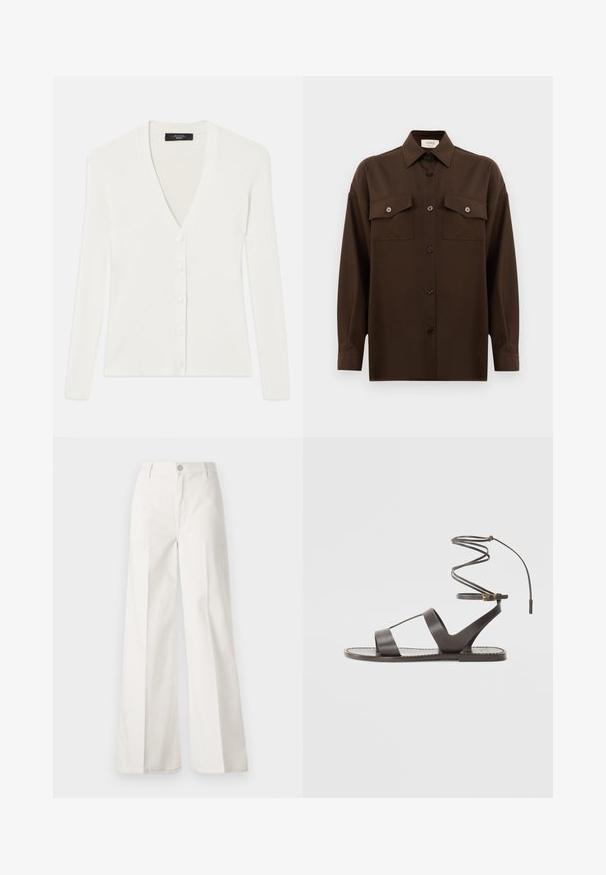 Valkoinen ribbikuvioinen neuletakki pitkillä hihoilla, syvällä V-päärmeellä ja kuudella nappikiinnityksellä edessä. Pehmeä rakenne ja istuva malli.; Tumma ruskea pitkähihainen napitettava paita, jossa on kaksi läpällistä rintataskua ja klassinen kaulus, esiteltynä yksinkertaista valkoista taustaa vasten.; Valkoiset leveälahkeiset housut, jotka on valmistettu puuvillasta ja joissa on sileä rakenne. Ominaisuuksiin kuuluvat etupainike, vetoketjuluukku ja neljän taskun muotoilu.; Ruske kožne sandale s ravnim potplatom, minimalističkog dizajna, zakrivljenim remenom za gležanj i višestrukim izrezima za prozračnost.