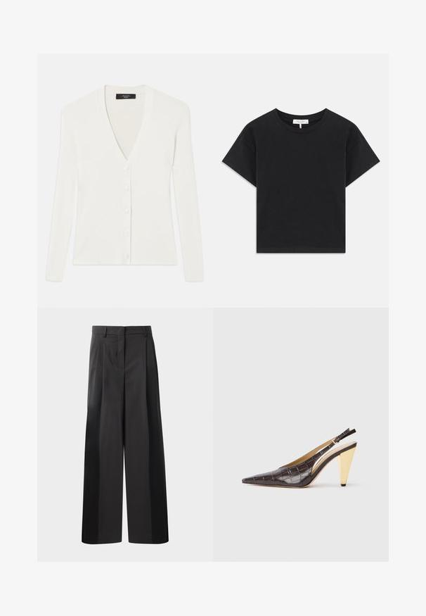 Biała kardiganka prążkowana z długimi rękawami, głębokim dekoltem w kształcie V i sześcioma guzikami z przodu. Miękka tekstura i dopasowany krój.; Czarny krótki t-shirt wykonany z bawełny, z okrągłym dekoltem, krótkimi rękawami oraz prostym wzorem bez nadruków i ozdób.; Czarne szerokie spodnie z wysokim stanem, z przodu z fałdami, o gładkiej fakturze i dopasowanym wykończeniu. Zaprojektowane z myślą o luźnym kroju.; Sandały na obcasie z przeszyciem w ciemnym brązowym lakierowanym faux krokodyle. Posiadają złoty geometrzyczny obcas oraz regulowany pasek wokół kostki.