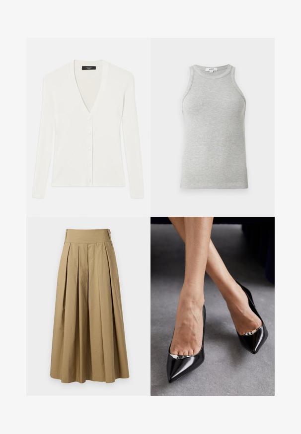 White ribbed cardigan with long sleeves, deep V-neck, and six button closures down the front. Soft texture and fitted design.; Gray ribbed tank top with a fitted design, wide armholes, and a rounded neckline. Made from soft cotton fabric with a smooth texture.; Khaki pleated skirt with a high waistband, made of cotton. Features a flowy design and hem finishes with subtle stitching details.; Black leather high-heeled shoes with a pointed toe and open design featuring a decorative silver accent. Smooth texture with polished finish.