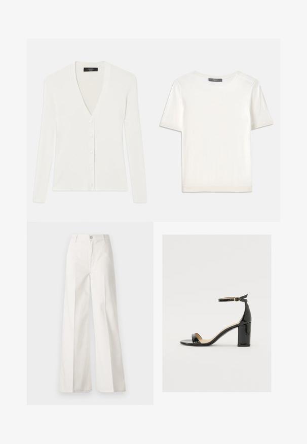 Balts ribots kardigāns ar garām piedurknēm, dziļu V veida kakla izgriezumu un sešām pogām priekšā. Mīksta tekstūra un pieguļošs dizains.; Balta īsām piedurknēm adīta blūze ar apaļu kakla izgriezumu, kurai ir gluda tekstūra un smalki riboti akcenti pie piedurknēm un apakšmalas.; Baltas platfita bikses, izgatavotas no kokvilnas ar gludu tekstūru. Aprīkotas ar priekšējo pogu, rāvējslēdzēju un četru kabatu dizainu.; Melnas patentā ādas sandales ar platām papēžiem, atvērtu purngalu un potītes siksniņu ar zelta sprādzi. Gluda tekstūra un elegants dizains.