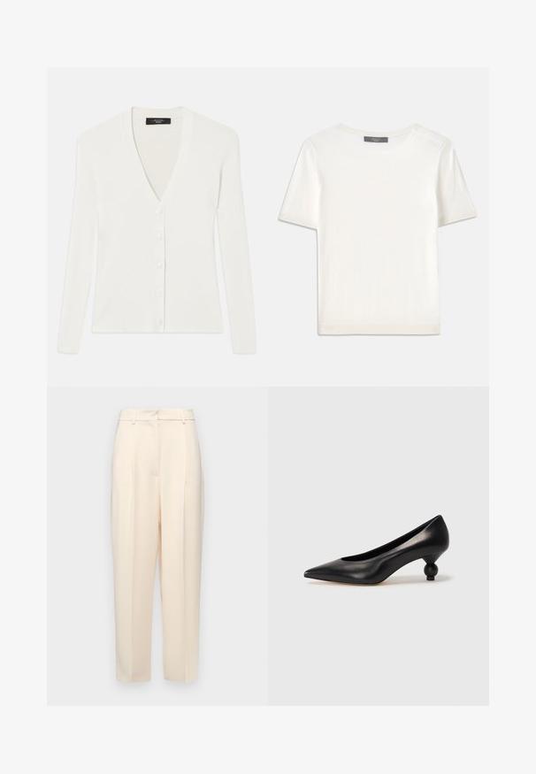 Cardigan bianco a coste con maniche lunghe, scollatura a V profonda e sei bottoni frontali. Texture morbida e design aderente.; Top corto a maniche corte di colore bianco, in maglia, con scollatura rotonda. Presenta una texture liscia e accenti a coste sottili sulle maniche e sull'orlo.; Pantaloni beige su misura con vestibilità dritta, caratterizzati da pieghe davanti, una texture liscia e vita a media altezza. Senza tasche visibili.; Scarpa con tacco alto in pelle nera, con punta affilata e tacco arrotondato e bombato. Texture liscia con un design elegante e minimalista.