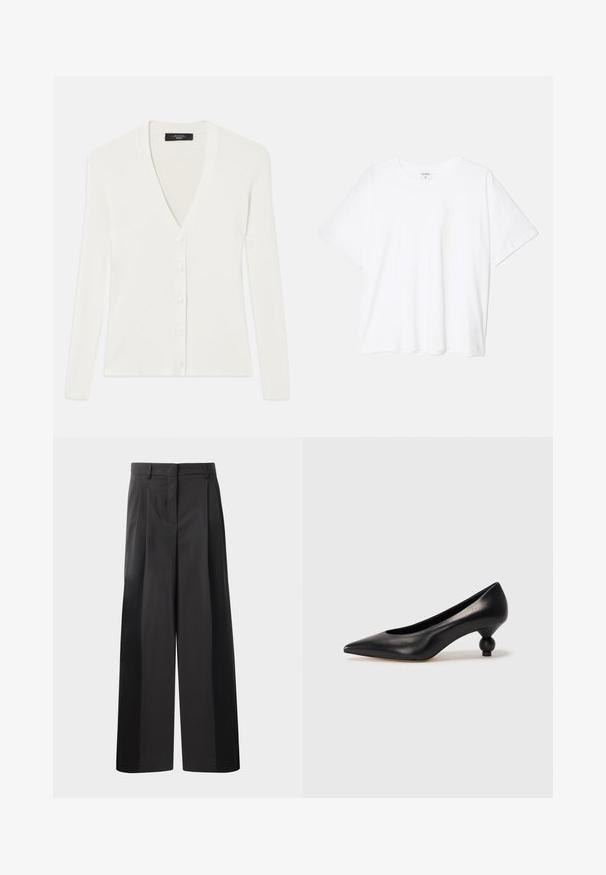 Weißer gerippter Cardigan mit langen Ärmeln, tiefem V-Ausschnitt und sechs Knöpfen in der Front. Weicher Stoff und taillierte Passform.; Weißes Baumwoll-T-Shirt mit kurzen Ärmeln, runder Halslinie, lockerer Passform und genähtem Saum. Etikett sichtbar am inneren Kragen.; Schwarze, weit geschnittene Hose mit hoher Taille, versehen mit Frontfalten, einer glatten Textur und einem maßgeschneiderten Finish. Entworfen für eine lockere Passform.; Schwarze Leder-Pumps mit spitzem Zehenbereich und runder, ballförmiger Ferse. Glatte Textur mit einem eleganten, minimalistischen Design.