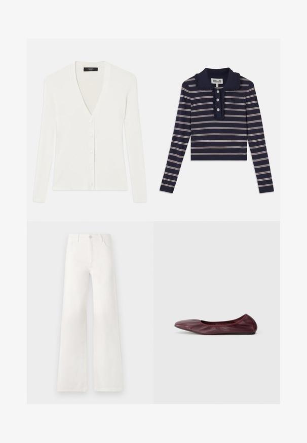 White ribbed cardigan with long sleeves, deep V-neck, and six button closures down the front. Soft texture and fitted design.; Navy long-sleeve shirt with pink horizontal stripes, ruffled collar, and three-button placket at the front; made from a soft, stretchy material.; White, high-waisted wide-leg jeans made of denim. Features a button closure, two front pockets, and side seams with stitching details.; Ballet flat in deep burgundy leather, featuring a rounded toe, elasticized rim, and smooth texture with subtle pleating detail.