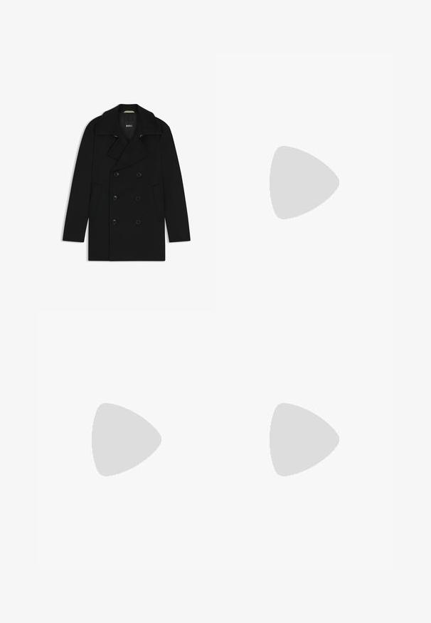 Cappotto doppiopetto nero con colletto a scanso, tasche laterali e chiusure a bottone, realizzato in un tessuto liscio e strutturato. Logo del marchio visibile all'interno.; Camicetta a maniche corte con bottoni, di colore bianco, con righe verticali in grigio chiaro e toni pastello, dotata di colletto tradizionale e texture morbida.; Pantaloni neri in tessuto lisci, con design a gamba dritta. Presentano una chiusura frontale con bottone e passanti per cintura. Senza fantasie.; Mocassini neri in pelle con finitura testurizzata e suola in gomma beige a contrasto. Presentano un accento sottile lungo la parte anteriore.