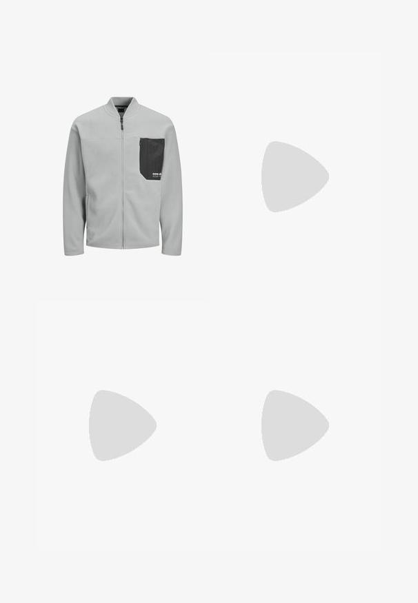 Fleece jacket in light gray with a high collar, full zipper, and a black textured pocket on the left chest featuring a logo.; Gray and white checkered flannel shirt with a soft texture, featuring a button-up front, two chest pockets, and long sleeves.; Light beige wide-leg pants made of cotton. Features front pockets and a button closure. Smooth texture with subtle vertical lines.; White leather sneakers with green Nike logo, round toe, flat sole, paired with light blue denim pants, shown on a blue carpet.