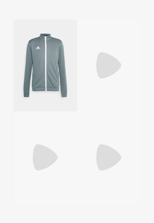 Graue Sportjacke mit hohem Kragen, weißem Reißverschluss und weißem Adidas-Logo auf der oberen linken Seite. Lange Ärmel mit elastischen Bündchen.; Weißes Sporttrikot mit schwarzen vertikalen Streifen und roten Akzenten an den Schultern. Verfügt über die AeroReady-Technologie zur Feuchtigkeitsregulierung.; Dunkelgraue Sportshorts mit glatter Textur, ausgestattet mit einem weißen Real Madrid-Logo auf der linken Seite und weißen Adidas-Streifen auf der rechten Seite.; Weiße Sportschuhe mit einem strukturierten Mesh-Obermaterial, einer stützenden gepolsterten Sohle und einem drei Streifen-Design an der Seite.