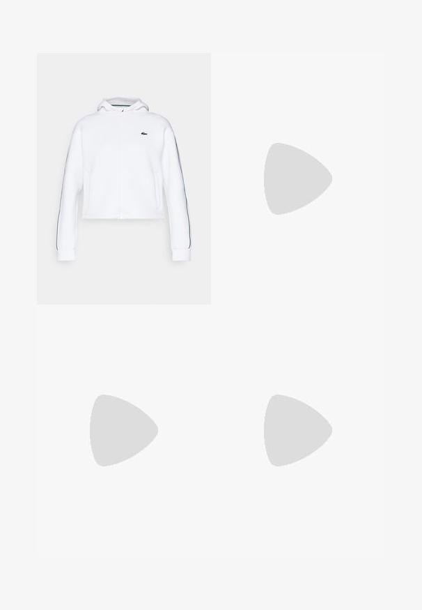 Cropped white zip-up hoodie with a hood, green Lacoste logo, and contrasting dark green side stripes on the sleeves. Soft material, relaxed fit.; White cotton T-shirt with a round neck, short sleeves, and a small navy logo on the left chest. Smooth texture, casual design.; White pleated skirt with a wide elastic waistband. Features a green and red logo accent at the front, made from lightweight fabric.; ASICS GEL DEDICATE 8 - Multicourt tennis shoes - white/pure silver