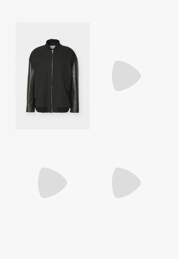 Mustikas värvi bomber-jakk, millel on puuvillane keha, nahkseelikud, esine zippers ja rinna tasku õrnade mustriga detailidega.; Must turtleneck-sviiter pehmest kudumist valmistatud kangast, millel on pikad varrukad ja soonikkoes mansetid ning alläär. Rinnal on tagasihoidlik must logodetail.; Mustad laiad püksid, mis on valmistatud siledast kangast. Omab nuppe ja tõmblukku, kahte eesmist taskut ja teravat äärestust.; Valged ja rohelised sneakerid, mis on valmistatud sametist ja nahast materjalidest, roheliste triipudega, valgete paeltega ja kummist tallaga. Sobitatud siniste teksadega.; Mustmust kott mustade nahkade käepidemetega. Lihtne disain, avar keha ja sile tekstuur. Pole nähtavaid logosid ega mustreid.