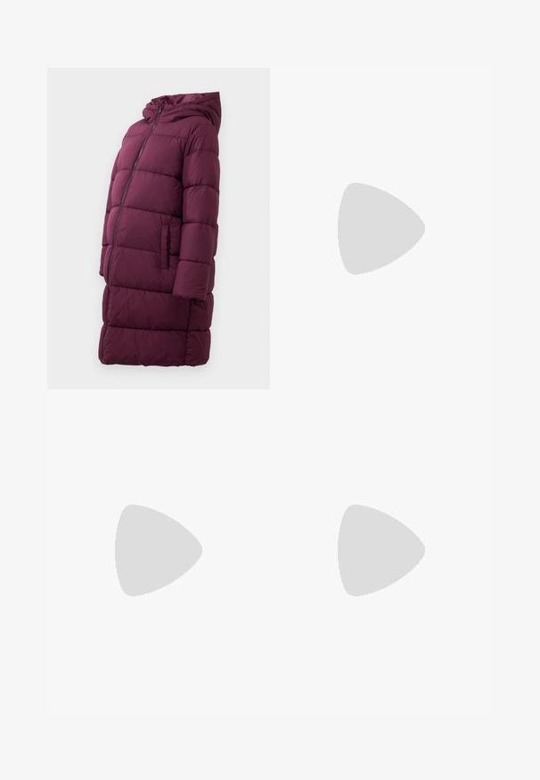 Burgundy puffer coat with a hood, featuring a front zip closure and side pockets, made of quilted, water-resistant material.; Light blue striped button-up shirt with long sleeves, two chest pockets, and roll-up sleeves secured by buttons. Soft, lightweight fabric.; Maternity jeans made of dark blue denim, featuring a grey elastic belly panel, straight leg design, and front pockets with metallic accents.; White sneaker with a smooth synthetic upper, perforated toe box, flat laces, and a textured sole, displayed on a wooden surface.