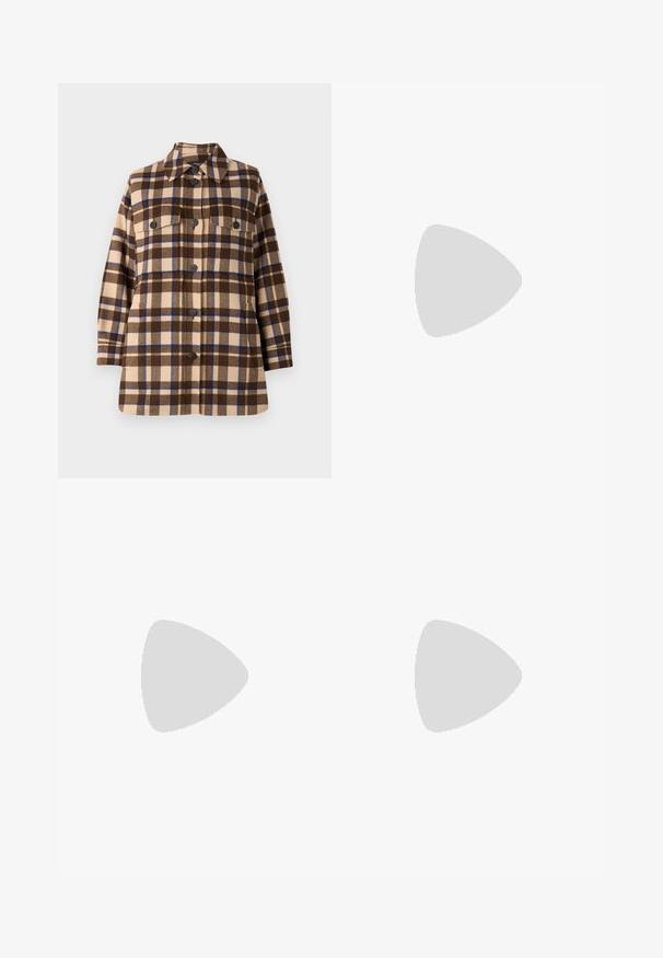 Brun og beige ternet skjortejakke lavet af blødt stof, med knaplukning, to brystlommer og et klassisk kravedesign.; FRAME LACE UP - T-shirts basic - off white; Bredde bukser i brun farve lavet af letvægtigt stof, med elastisk talje, snøre, sidelommer og lynlåsdetaljer ved bunden.; Sorte læder loafers med et stitched-mønster, glat tekstur, guldspænde detalje og en rund tå, sat på en lav sort sål.