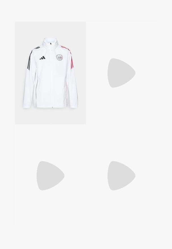 Weiße adidas-Jacke mit schwarzen Akzenten, roten Streifen an den Ärmeln, hohem Kragen und gesticktem Logo auf der linken Brust; glatte Textur.; Weiße Baumwoll-T-Shirts, kurze Ärmel, Rundhals-Design, schlichte Textur, in einer Reihe gestapelt, mit dezentem Branding am Hals.; Rote Sportshorts aus leichtem Material mit einem weißen Logo auf dem linken Bein und drei weißen Streifen an den Seiten.; Weiße Leder Sneaker mit grauem Wildlederkapp-, drei horizontalen weißen Streifen, blauen Akzenten und brauner Gummi-Sohle. Strukturiertes Detail auf der Sohle.