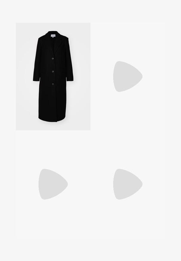 Long black wool coat with a notched lapel, five buttons, two front pockets, and a straight silhouette, featuring a smooth texture and minimal design.; Vero Moda Tall VMMADDIE HIGHNECK PULL - Jumper - dark grey melange; Light blue denim jeans with a straight-leg cut, two front pockets, and two back pockets. Includes two-button fly and subtle stitching.; Black suede sneakers with three white stripes, textured brown rubber sole, and black laces. Inner lining features a logo pattern.; Gold metal-frame sunglasses with dark green lenses, aviator style, featuring slim arms and tortoiseshell accents on the tips.