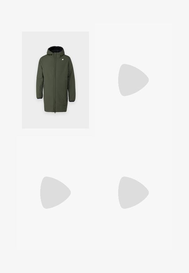 Olive green insulated coat with a hood, featuring a full front zipper, two side pockets, and elastic cuffs for secure fit.; Light blue cotton t-shirt, short sleeves, round neckline, featuring an embroidered yellow bird logo on the left chest. Simple design.; Black denim wide-leg pants with a high waist, front button closure, two side pockets, and subtle stitching details.; Black leather oxford shoe with lace-up design, rounded toe, flat rubber sole, and subtle stitching detail along the upper.; Black rectangular sunglasses with dark lenses, smooth plastic frames, and wide arms. Subtle branding on the side.