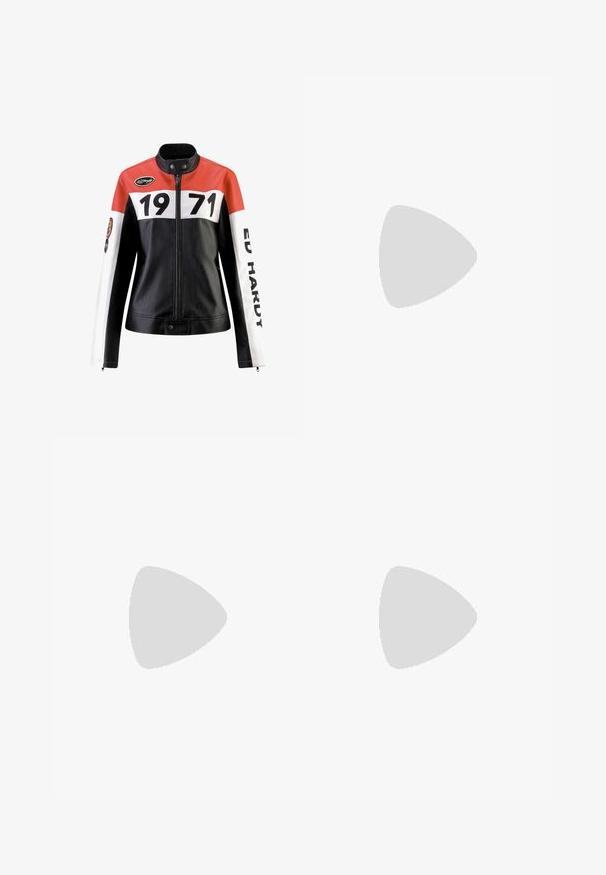 Ed Hardy MOTO - Faux leather jacket - black red white; Massimo Dutti Basic T-shirt - white; Bershka Trousers - white; Massimo Dutti SANDALS WITH METAL TOE DETAIL 11726550 - Sandals - taupe