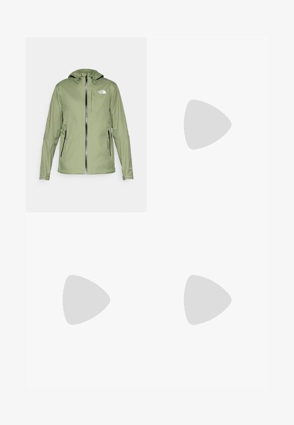 Lightweight green waterproof jacket with a hood, zip closure, and two side pockets. Features reflective accents and a logo on the chest.; Sleeveless dark gray athletic tank top made of textured fabric, featuring a round neck and a small logo accent on the front.; Black waterproof pants with a smooth texture, featuring two front buttons and a tapered leg design. Accented with a logo on the side.; Brown waterproof sneakers with a textured upper, perforated accents, black heel support, and a grey rubber sole. Laces are styled with metallic ends.