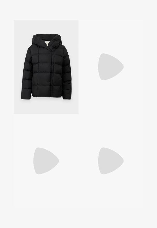 Black puffer jacket with a hood, featuring a quilted design and smooth texture. Mid-length sleeves and a simple front opening.; Black cotton T-shirt with a crew neckline, short sleeves, and white printed "Calvin Klein" logo and "Established 1968" text.; Black high-waisted jeans with a straight-leg design, made of denim. Features five pockets and subtle fading across the fabric.; Black leather high heel shoe with a pointed toe, smooth texture, and a tapered heel. Minimalist design, no additional embellishments.
