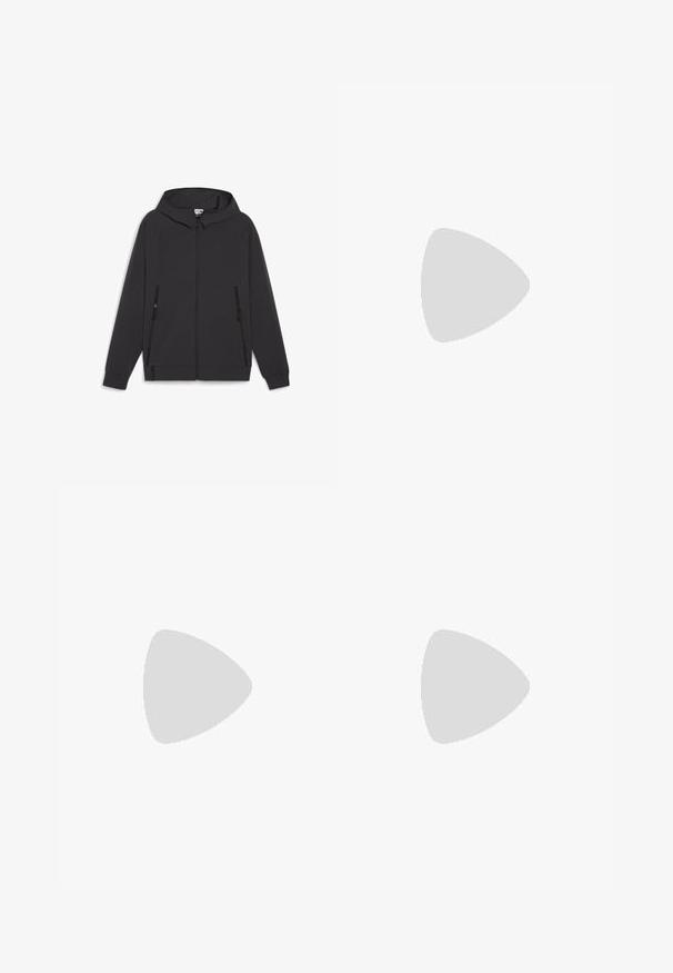 Schwarze Kapuzenjacke aus weichem Stoff. Verfügt über einen durchgehenden Reißverschluss, zwei seitliche Reißverschlusstaschen und ein dezentes Logo-Detail auf der Brust.; Olivgrünes T-Shirt mit grauen und weißen horizontalen Streifen, klassischem Rundhalsausschnitt, kurzen Ärmeln und schwarzem Vogel-Logo auf der Brust.; Grüne Hose mit elastischem Bund, seitlichen Taschen, hellbraunem Nähten und einem Logo-Patch am linken Oberschenkel. Gerade Beinform.; Schwarze Sportschuhe mit texturiertem Obermaterial, glatten synthetischen Einsätzen, Schnürung und einer robusten Gummisohle. Mit dezenten weißen Akzenten.
