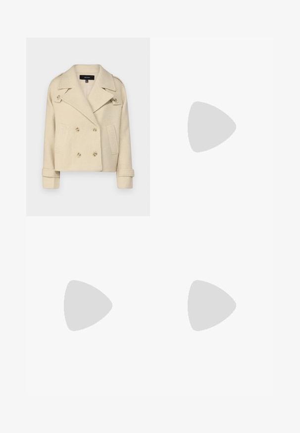 Beige double-breasted wool-blend jacket with notch lapels, two front pockets, and double button closures. Textured fabric with folded cuffs.; Black short-sleeve t-shirt with a crew neckline, made of smooth cotton fabric, featuring a simple design and no visible patterns or accents.; Wide-leg trousers in dark brown fabric with a smooth texture. Features include pleats at the front and a standard waistband.; Brown suede ankle boot with beige fur trim, featuring a silver buckle accent and a chunky black sole with a thick tread pattern.