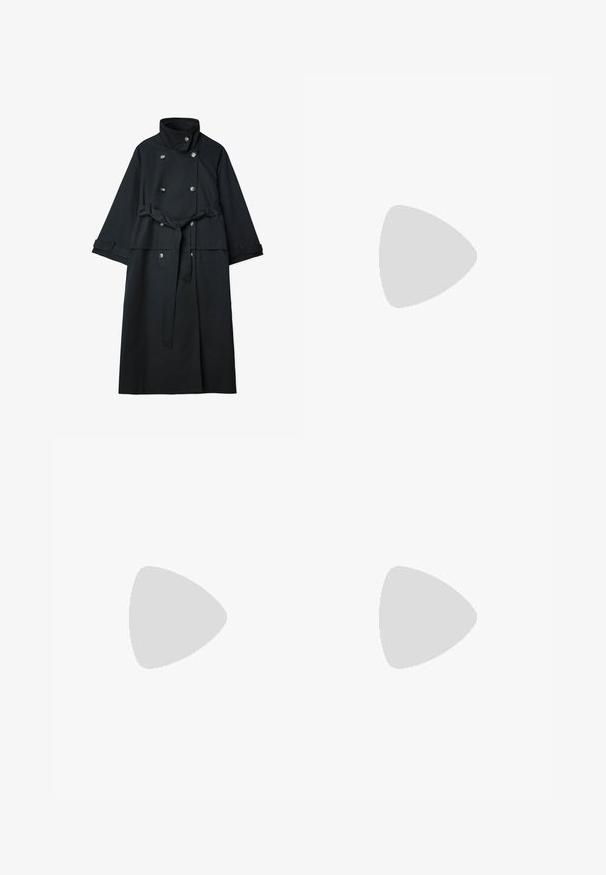 Black trench coat made of smooth fabric, featuring a high collar, double-breasted buttons, and a tie belt at the waist.; Red and white plaid fabric with a lightweight texture, featuring four buttons. The pattern includes thin black lines for detail.; Wide-leg white trousers with a smooth texture, featuring a high waistband and two side pockets. Simple design with no visible patterns.; Black leather ankle boot with pointed toe and low kitten heel, side seam detail, and smooth shiny finish.; Mango Tote bag - dark brown