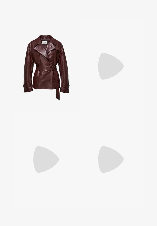 Burgundy leather jacket with a belted waist, wide lapels, and buttoned cuffs; smooth texture with a glossy finish.; Light beige sweatshirt with a crew neckline, long sleeves, and a cropped design; features "POLO CLUB" and "ESTABLISHED 2012" in navy and red text.; Button-up shirt with long sleeves, made of lightweight fabric, featuring vertical navy and cream stripes, a curved hem, and a chest pocket.; Black denim jeans with a straight leg, five-pocket design, and a button closure. Fabric has a smooth texture and minimal visible stitching.; Brown leather ankle boot with elastic side panels, textured finish, rounded toe, and black rubber sole. Pull tabs on the shaft for easy wear.; Black leather handbag with a structured shape, flat top, and a golden circular clasp. Features a single shoulder strap for carrying.