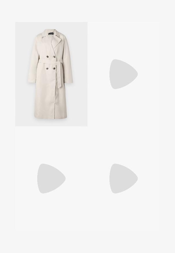 Capa bege com frente de dois botões, gola larga e cinto na cintura. Apresenta mangas longas e uma bainha reta.; Blusa de mangas longas em azul claro, feita de tecido suave, com decote em V, detalhes de cordão e cintura franzida para um ajuste descontraído.; Jeans de denim branco com um design de perna reta, estilo de cinco bolsos e detalhes em hardware cobre. Acabamento com bainha crua nos tornozelos.; Sapatilha alta de tela branca com sola de borracha preta, bico de borracha na frente e seis ilhós para os atacadores, apresentando um design limpo e minimalista.