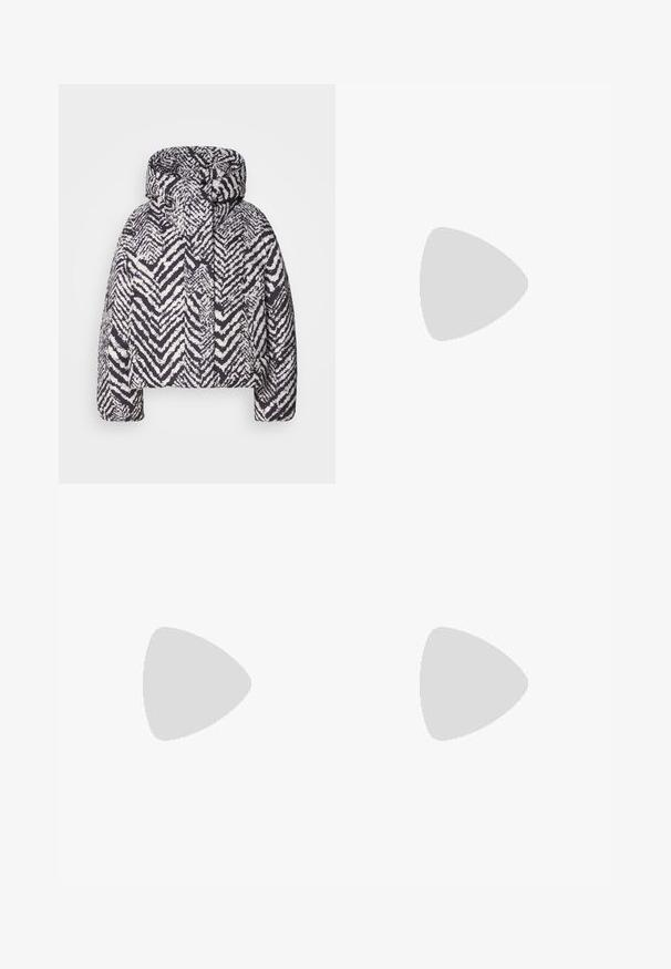Puffer jacket with a hood, featuring a black and white chevron pattern, textured surface, and a cropped design.; Black long-sleeve ribbed sweater with a scoop neckline. Sparkling texture, made from a lightweight material. Label visible at the neck.; Wide-leg pants in light cream fabric, featuring side pockets, a flat front, and a single button closure at the waist. Smooth texture.; Light blue patent leather mule with a pointed toe, low transparent heel, and a sleek design featuring a cut-out at the vamp.