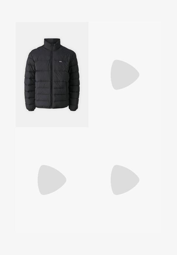 Chaqueta acolchada negra con cuello alto, diseño acolchado, cierre frontal y un pequeño logotipo en la parte superior izquierda. Material suave y ligero.; Suéter gris de punto trenzado con cuello redondo, puños acanalados y cinturilla. La textura presenta patrones elevados a lo largo de la tela.; Jeans de mezclilla azul oscuro con corte recto, cinco bolsillos, detalles de costura sutil y cierre frontal de botón.; Zapatillas deportivas blancas con acentos negros, que cuentan con una parte superior de malla, suela acolchada y elementos de diseño geométricos. Logo de la marca en el lateral.