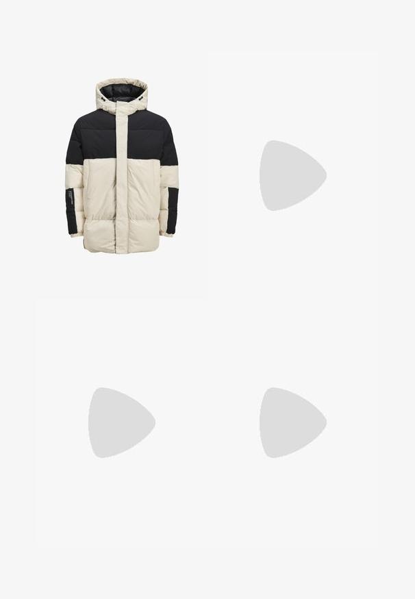 Puffer jacket featuring a cream body with black shoulders. It has a hood, zip closure, and elastic cuffs, made from smooth, quilted fabric.; Light beige sweatshirt made of soft fabric with a crew neck, long sleeves, and ribbed cuffs and hem. Minimalist design, no visible patterns.; Beige cotton shorts with a relaxed fit, elastic waistband, and white drawstring. Features side pockets and a smooth texture.; White leather sneaker with a smooth surface, round toe, and flat white laces. Features a textured rubber sole and minimal design elements.